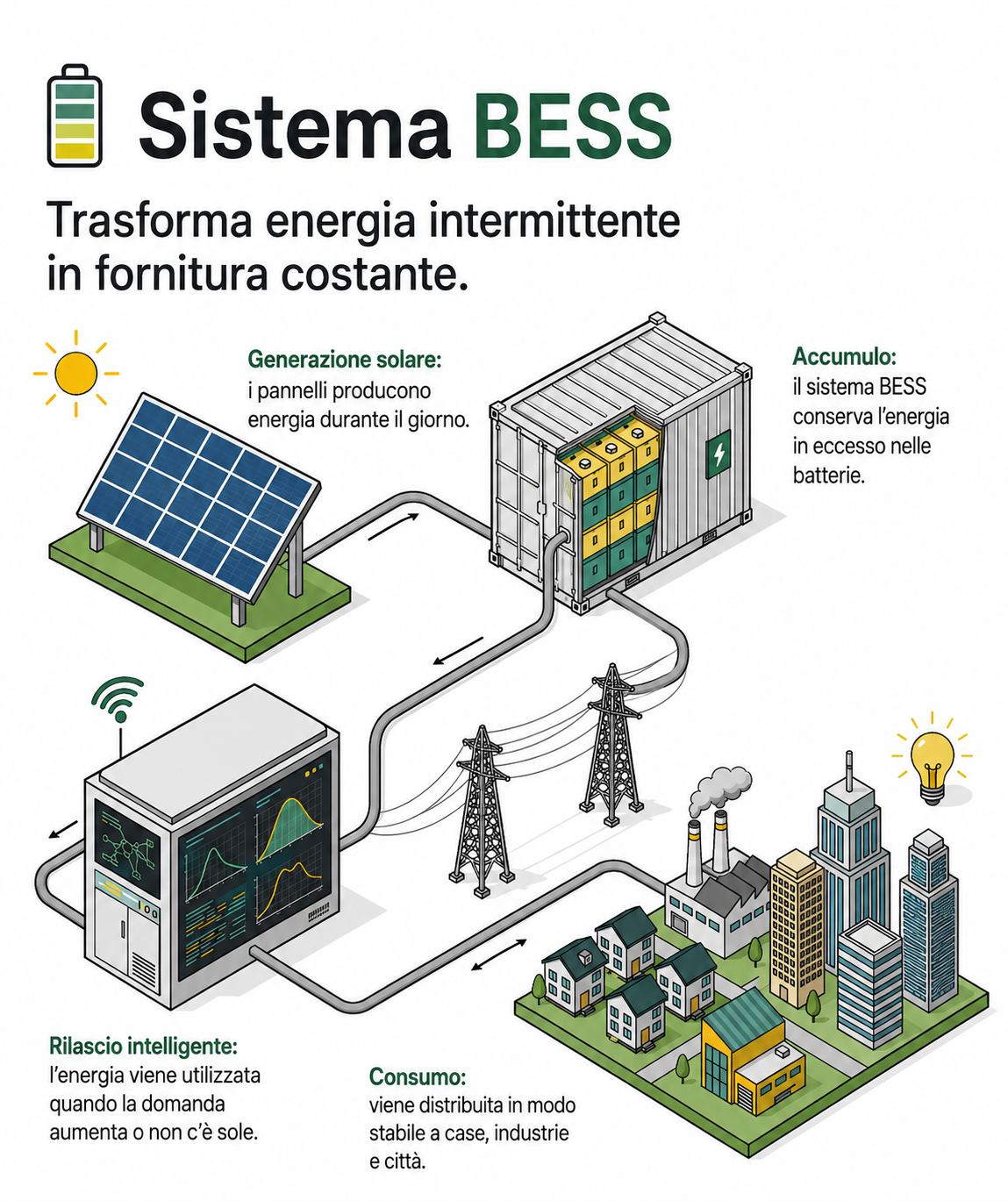 Schema di un sistema BESS: generazione solare, accumulo nelle batterie, rilascio intelligente e consumo stabile